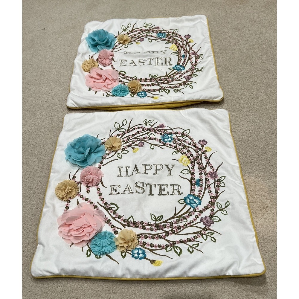 Pier 1 Happy Easter Pillow Case Set Of Two Embroidered Square Cottagecore Flower